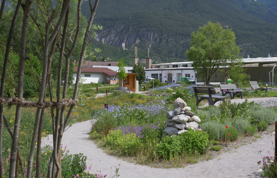 ‚Ausgang‘ Weidentunnel mit Blick auf Kräuter- Duftbeet incl.  Biotopstrukturen (Eidechsenburgen) © Maria Siegl